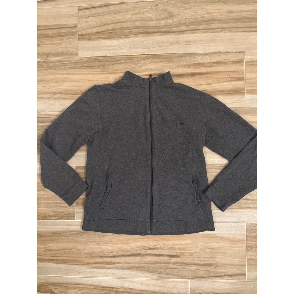 Hugo Boss Mens XL Full Zip Sweatshirt Charcoal Gray Mock Neck‎ Track Jacket Logo